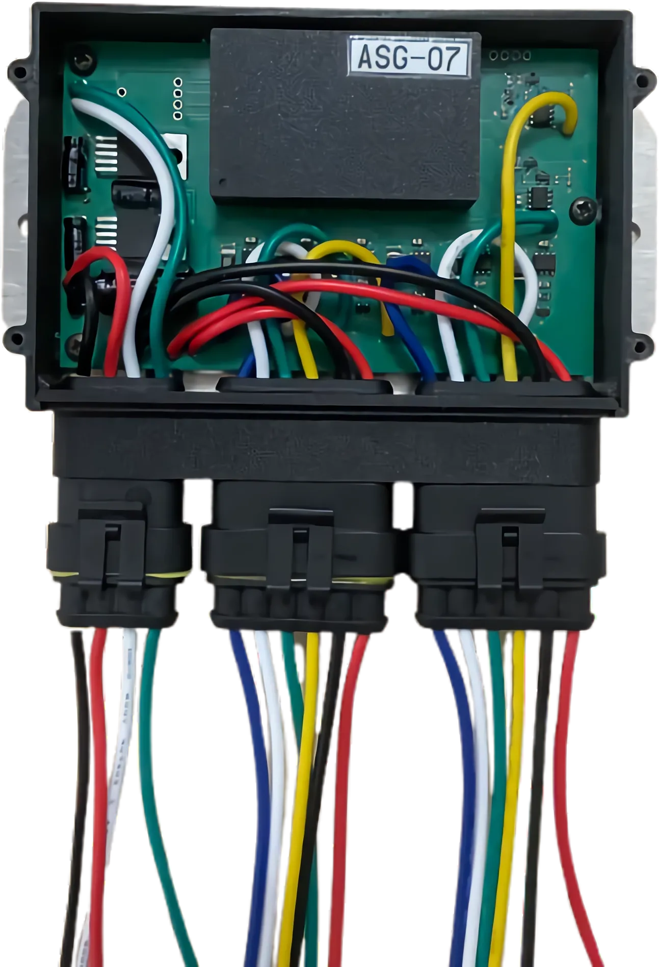 An ASG-07 control unit with its enclosure open: a circuit board carrying the ASG communication core, and three automotive connectors with a harness fan-out below.