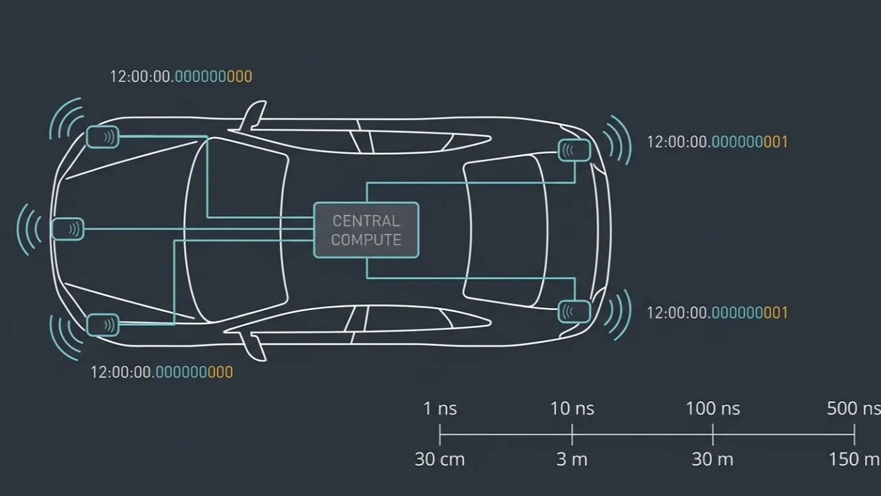 Hello, Auto! cover: a car outline with radar returns and a nanosecond-scale clock reading beside it.