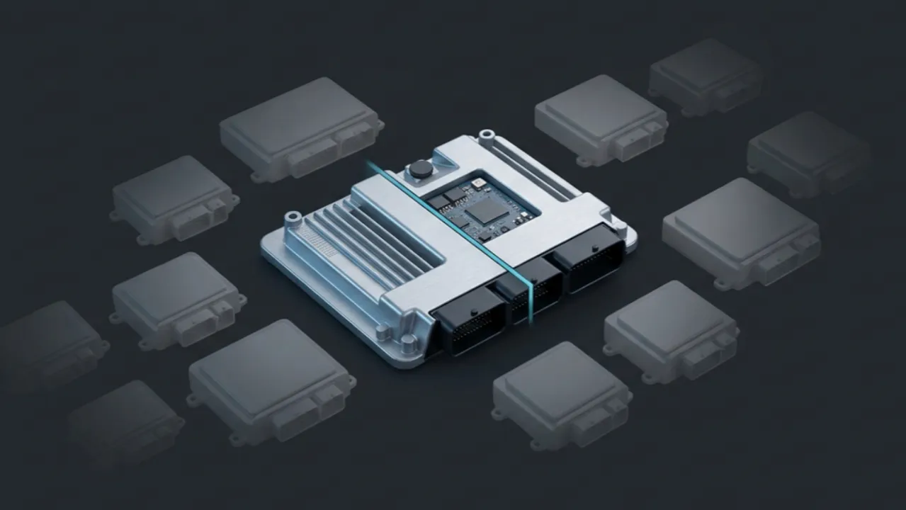 Hello, Auto! cover: a single automotive processor package with a smaller monitoring domain marked out inside it.