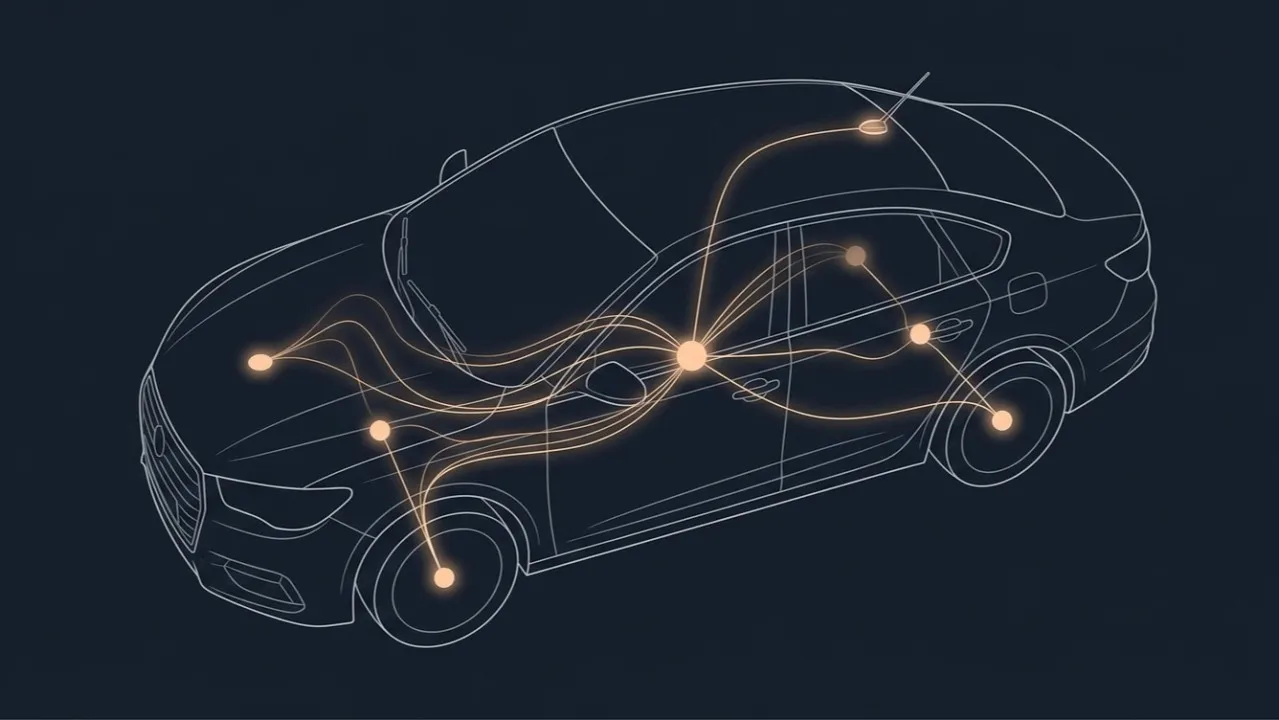 Hello, Auto! cover: a car outline traced by glowing current paths converging on its centre.