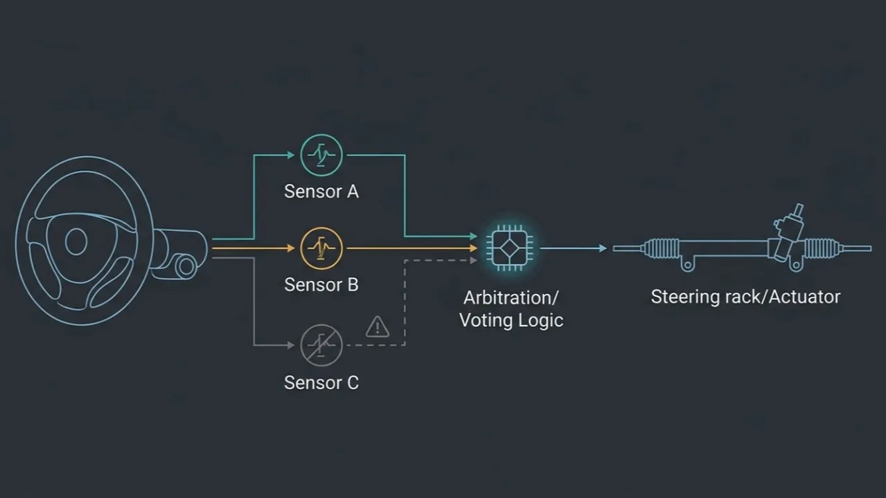 Hello, Auto! cover: two redundant steering channels feeding one arbitration block ahead of the road wheels.