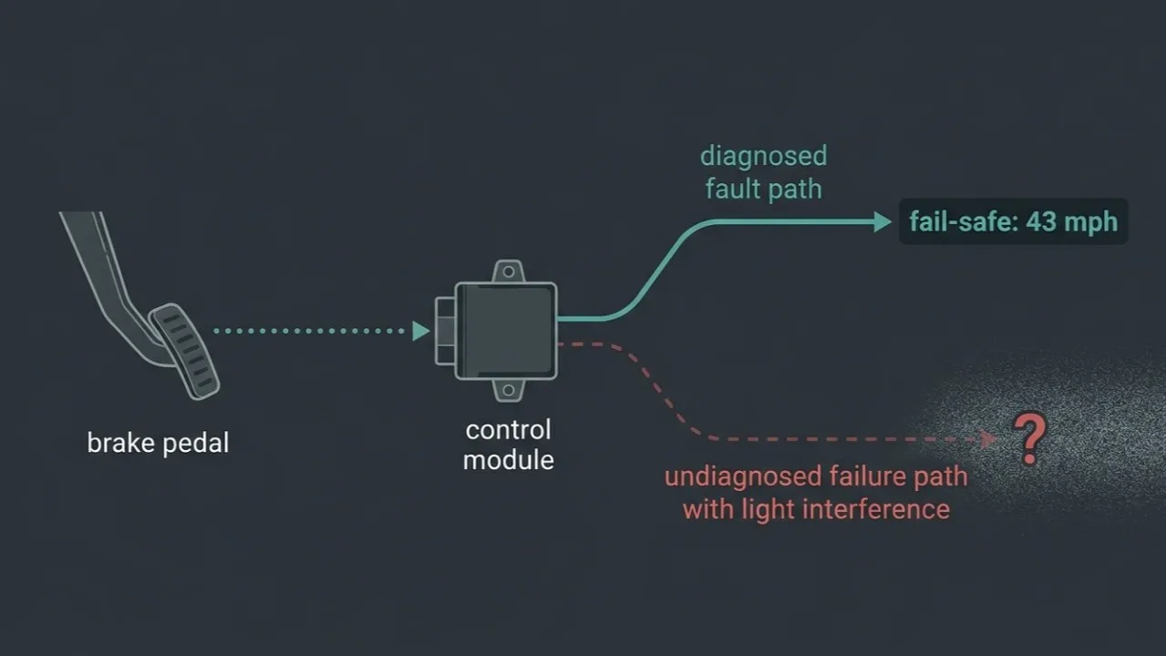 Hello, Auto! cover: a brake pedal linked to a control module, with a diagnosed and an undiagnosed failure path branching from it.