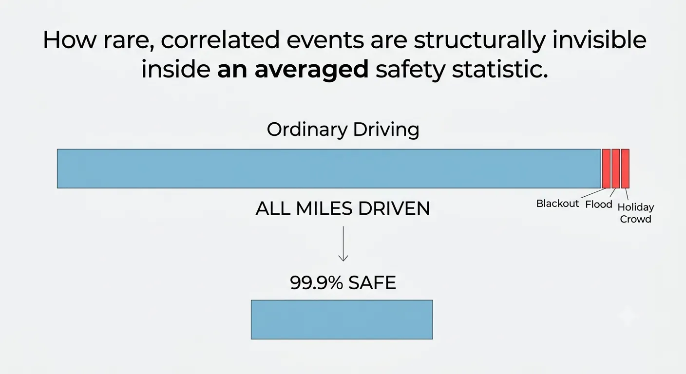 Diagram showing that rare, high-consequence driving events are a tiny fraction of total miles driven and therefore nearly invisible inside an averaged safety statistic.