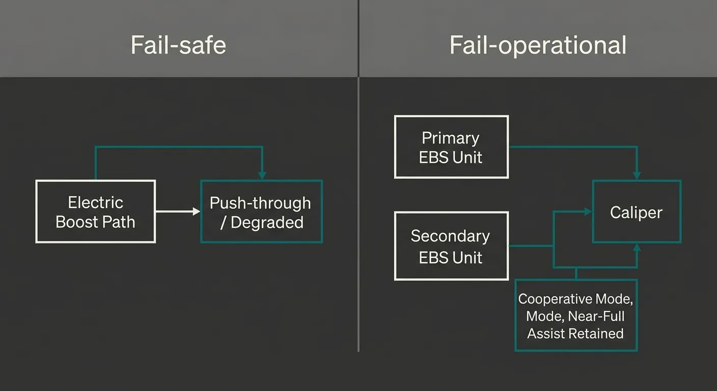 Side-by-side schematic comparing a single-path fail-safe brake booster architecture with a dual-path fail-operational architecture.