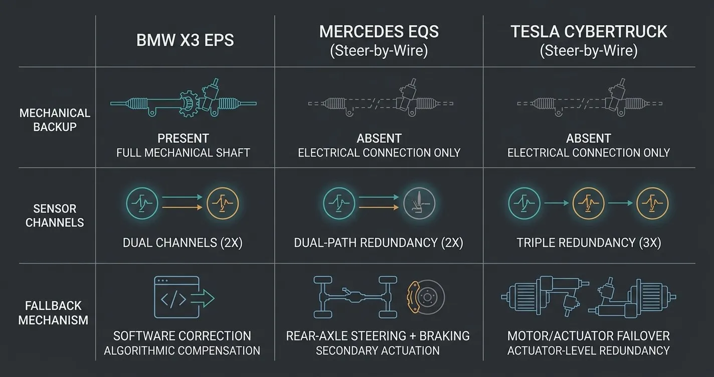 Comparison diagram of three steering redundancy architectures: BMW's dual-channel electric power steering with a mechanical backup, Mercedes-Benz EQS's dual-path steer-by-wire with rear-axle and braking fallback, and Tesla Cybertruck's triple-redundant steer-by-wire with no mechanical backup.