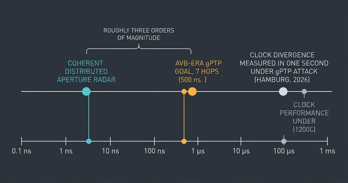 Logarithmic timing axis marking sub-nanosecond coherent radar requirements against the 500 nanosecond AVB-era gPTP accuracy goal, with roughly three orders of magnitude between them.