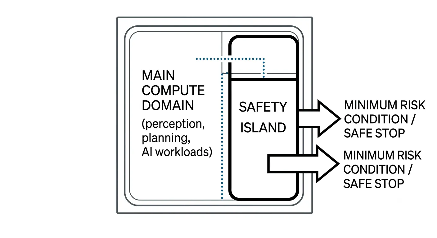 Schematic diagram of an automotive SoC divided into a main compute domain and an independent safety island domain, with a monitoring line enabling the safety island to force a minimum-risk-condition stop if the main domain fails.