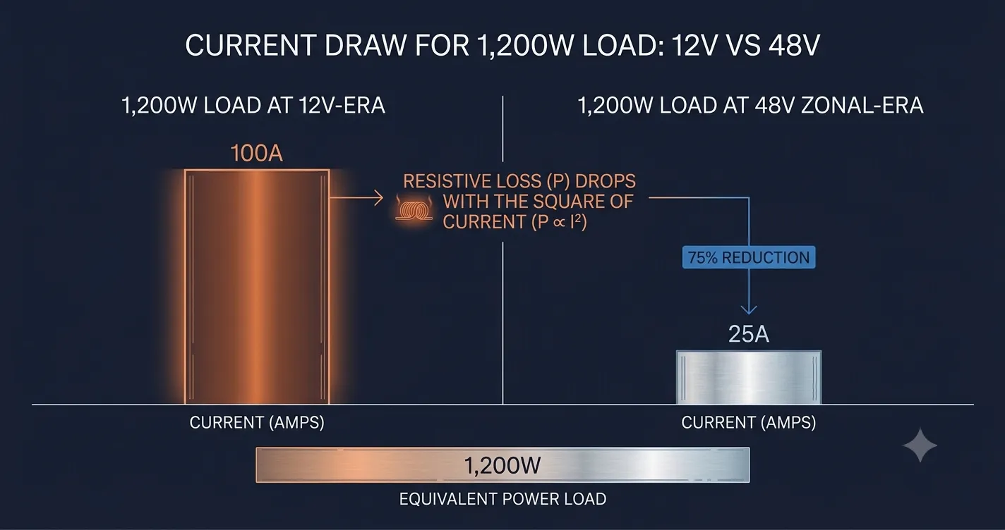 Simple chart showing that a 1,200-watt automotive load needs 100 amps at 12 volts but only 25 amps at 48 volts, with a note that resistive wire loss falls with the square of current.