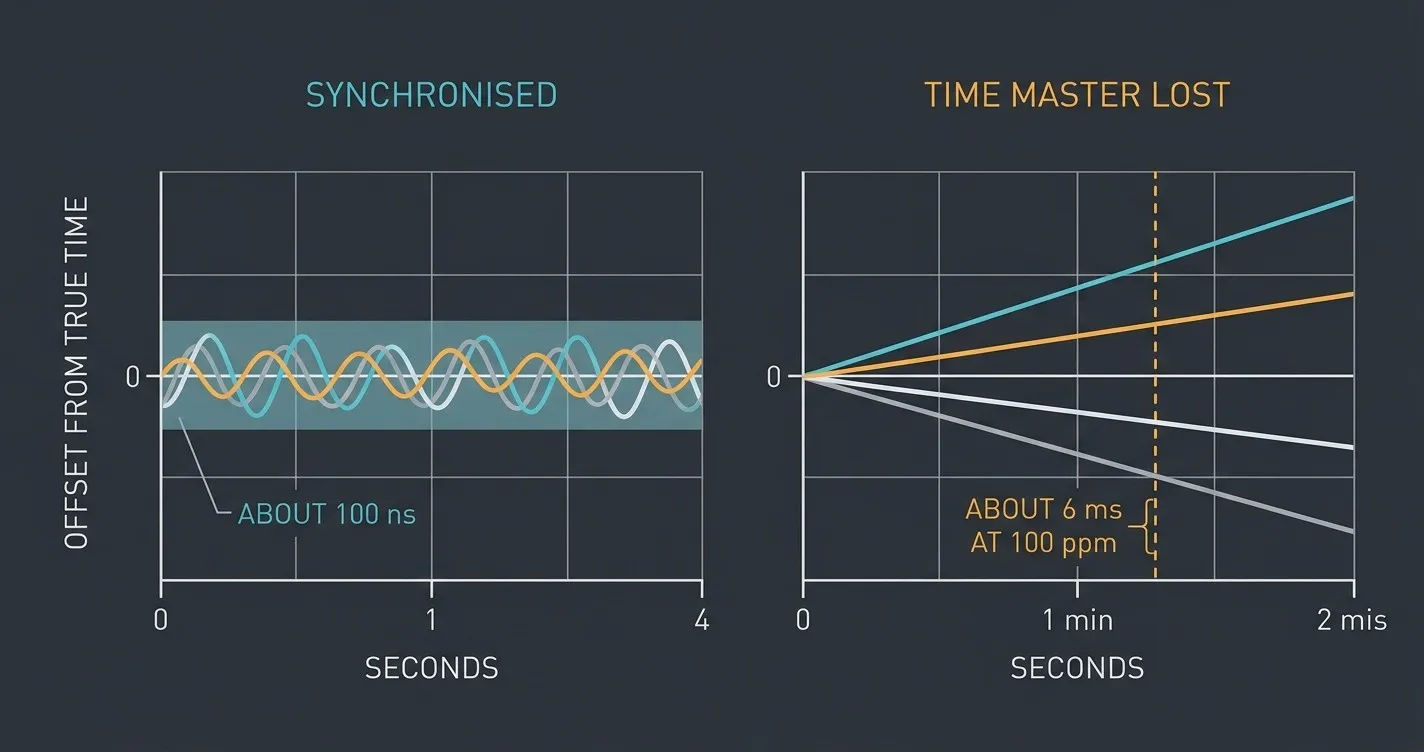 Two line charts comparing tightly synchronised electronic control unit clocks with the same clocks diverging linearly after the network time master is lost.