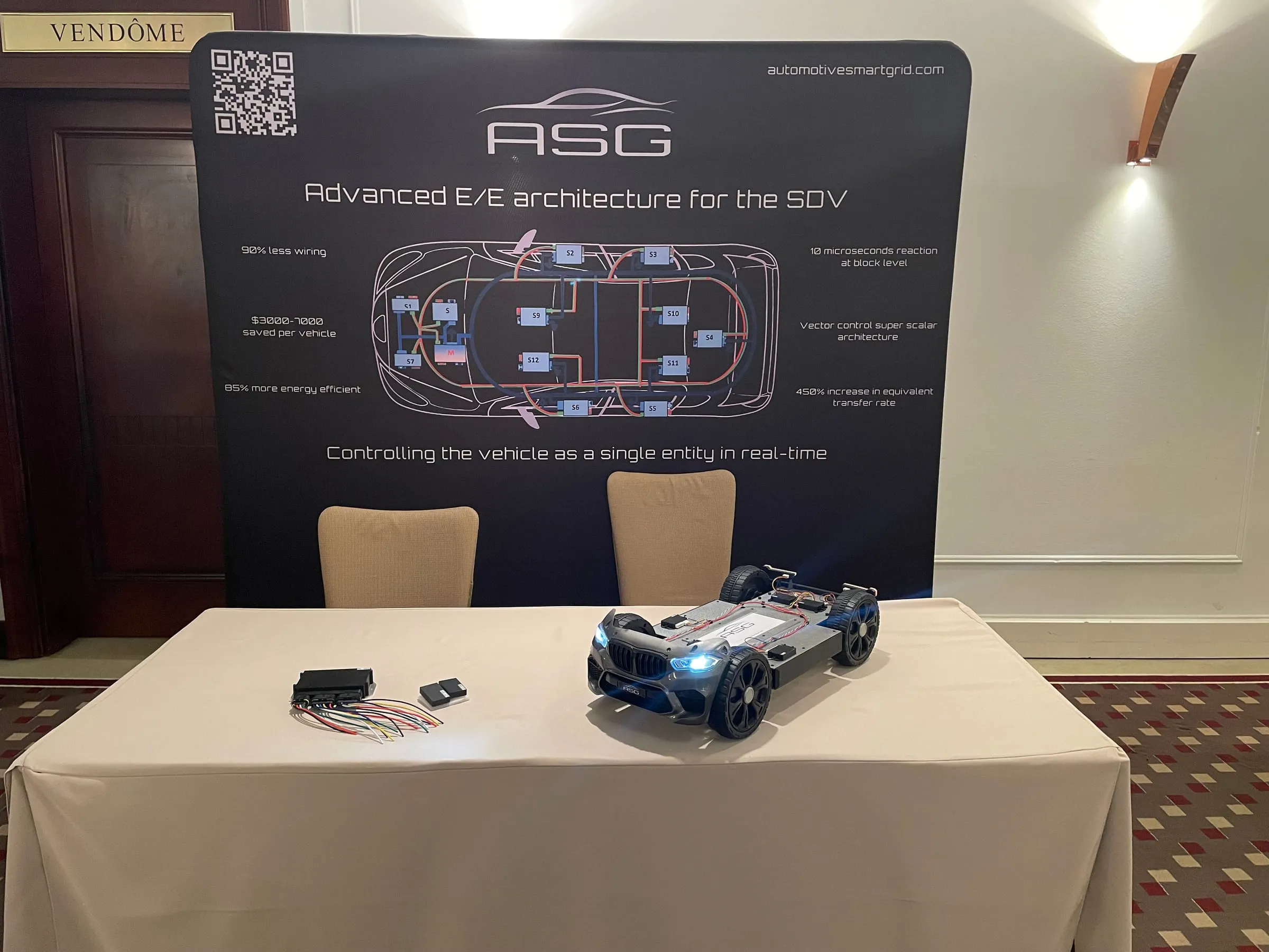 The ASG stand at the European AI and SDV Summit, with the demo chassis and the architecture banner.