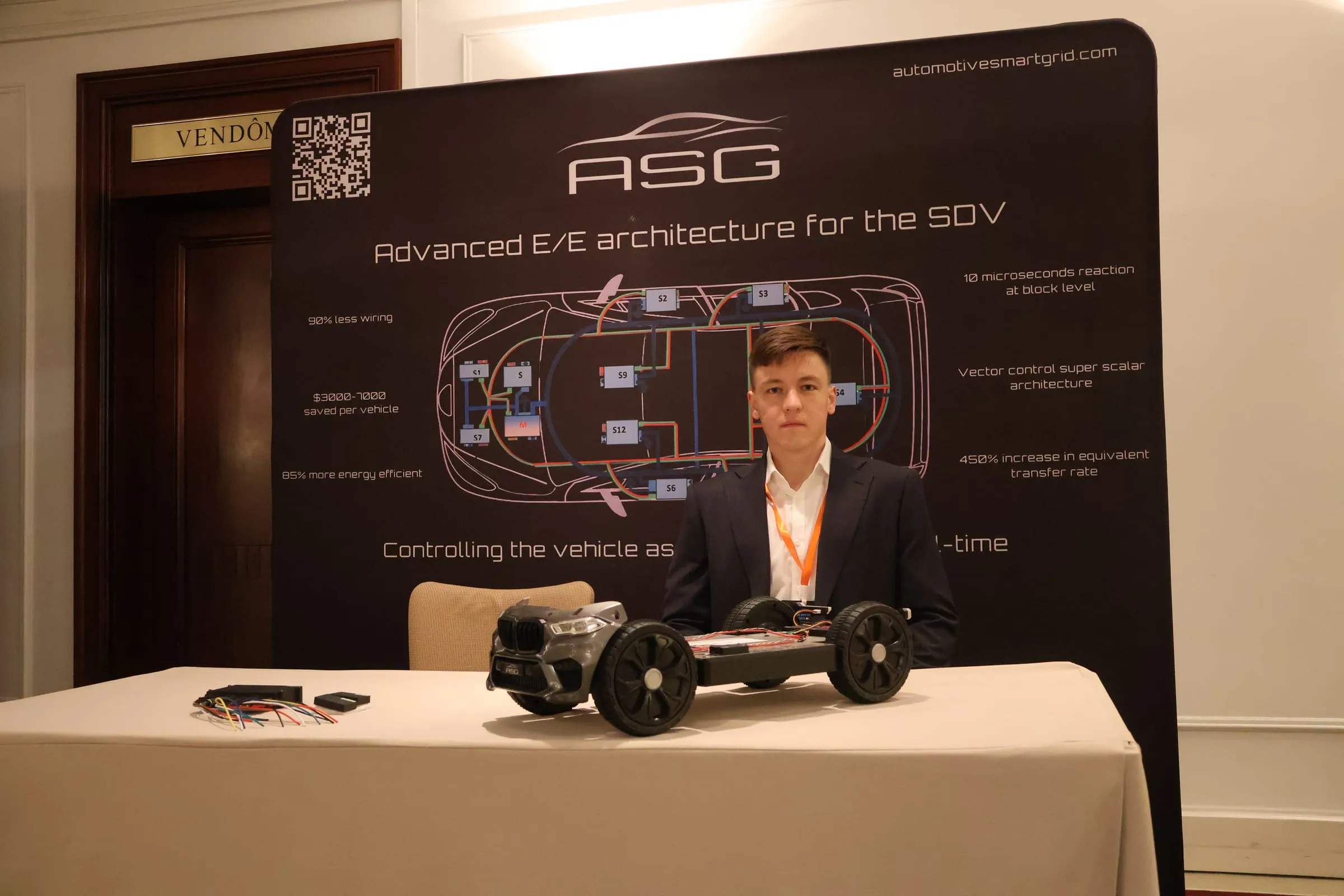 The ASG stand at the Automotive E/E Systems Summit, with the demo chassis and the architecture banner.