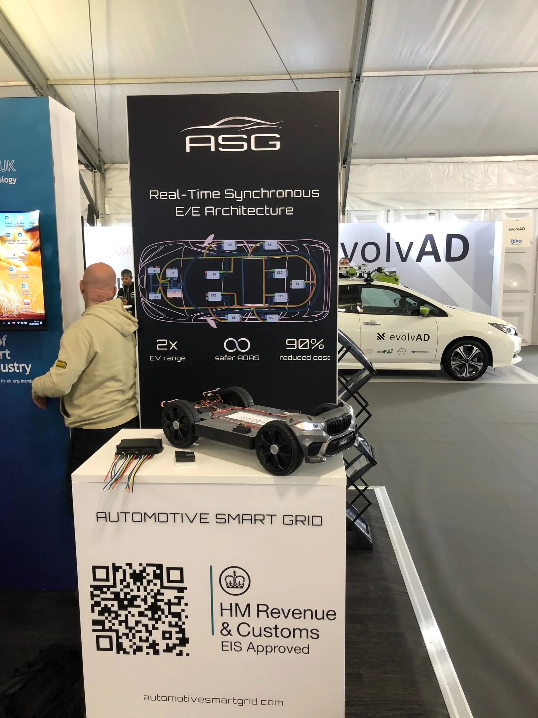 The ASG stand at Cenex Expo, with the demo chassis in front of the architecture banner.